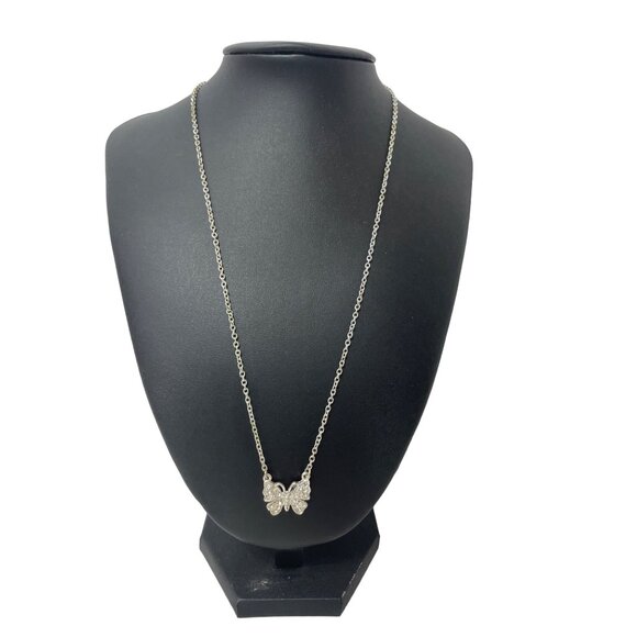 Butterfly Pendant Necklace Rhinestone Detailing On Silver-Tone Chain - Picture 3 of 4